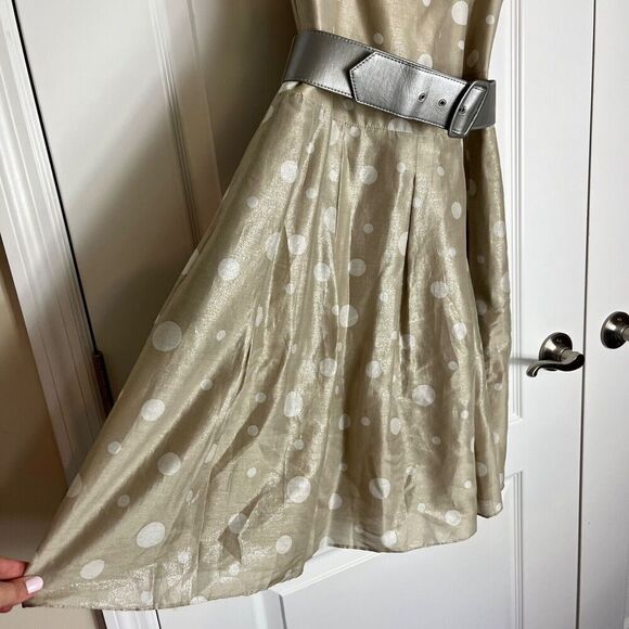 Kay Unger New York Polka Dot Belted Dress Gold Silver Fit and Flare 6 Retro - Picture 4 of 9